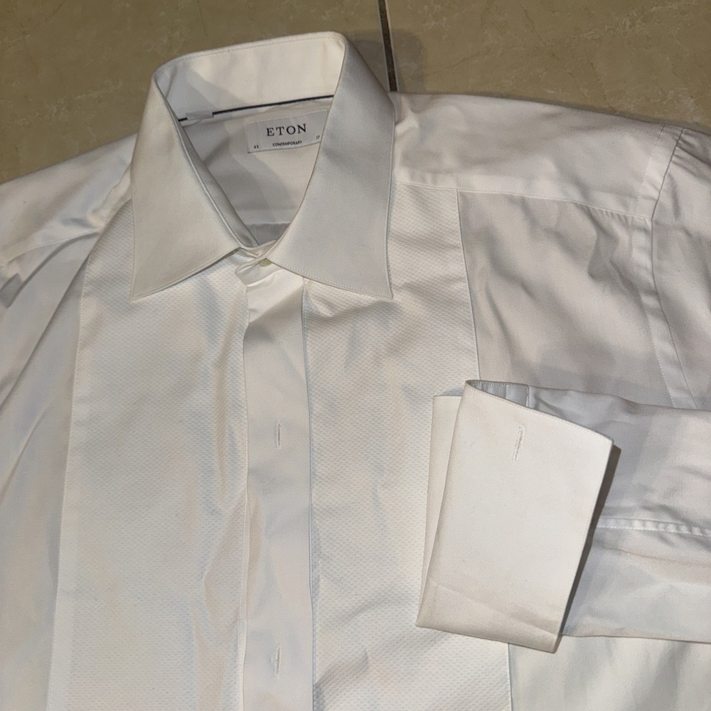 Eton Tuxedo Shirt Men 17/42 Contemporary Fit White Silver Texture Bib Cotton